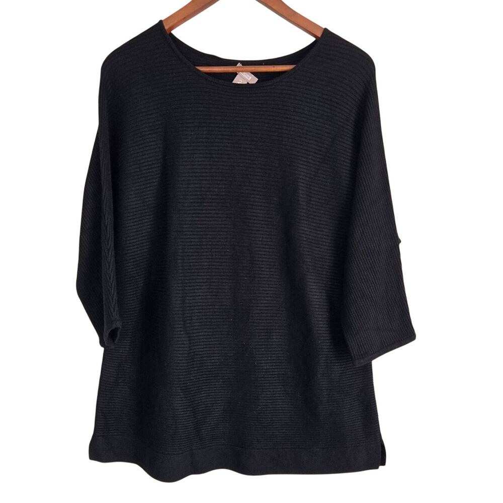 Chico’s Lagenlook Black Ribbed Knit Top Dolman Sleeve Dark Academia Size 2 Large
